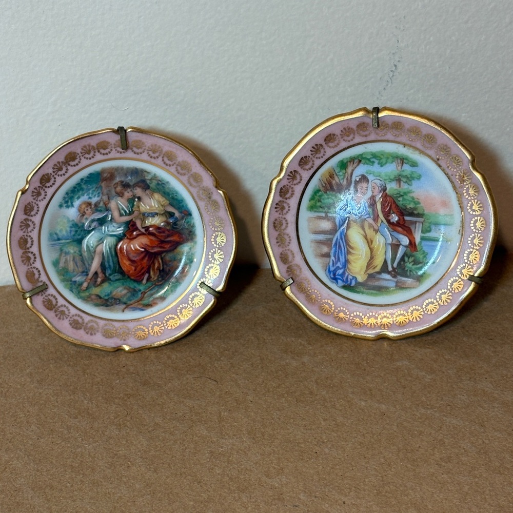 Porcelaine Artistique Limoges Decorative Mini Plates Brass Frames Hand Painted